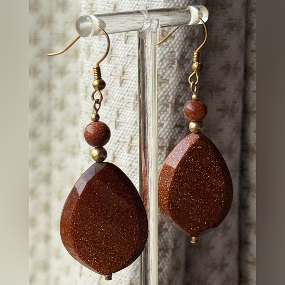 Handmade Elegant Brown Goldstone Large Teardrop Earrings 2.5” Drop